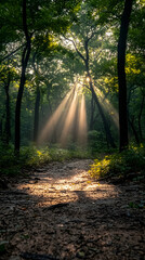 Obraz premium Light filters through trees in a forest casting beams on a dirt path highlighting the green vegetation and leaves