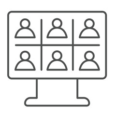 Monitor screen with team conference thin line icon, remote work concept. Vector graphics. Display of online meeting sign on white background, outline style icon for mobile or web design.