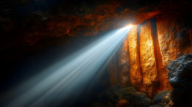 Light penetrates a dark cave illuminating its textured orange-brown walls and rocky floor with a celestial bright bea