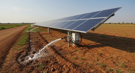 A solar-powered water pump is shown in a rural agricultural setting, efficiently supplying water to nearby crops under a bright sky