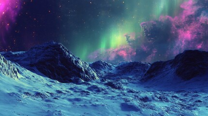 Naklejka premium A breathtaking view of an alien landscape illuminated by stunning auroras. The colorful skies create a mesmerizing scene over the snow-covered terrain. Generative AI.