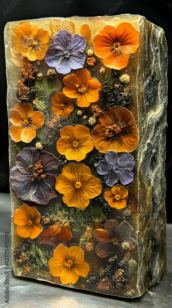 Poster floral bouquet encased in resin block showcasing intricate patterns and color variations of dried pl