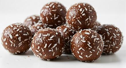 Delicious chocolate coconut balls: a close-up of energy snack on white background