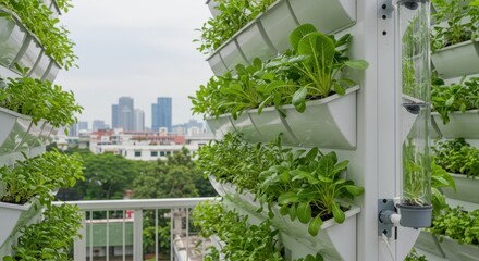 Lush vertical garden showcasing hydroponic technology with vibrant green plants against an urban skyline