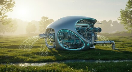 A futuristic water conservation device in a serene landscape, showcasing advanced technology and eco-friendly design, with water flowing gently from its spouts