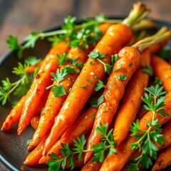Crispy fried carrots, vibrant green herbs garnish, food photography, orange