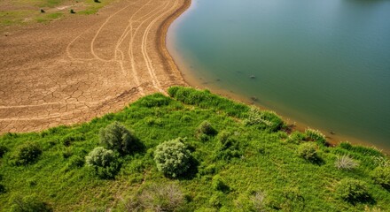 A vibrant landscape showcasing a stark contrast between dry, cracked earth and lush green vegetation by the water, emphasizing the importance of water preservation