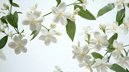 Obraz premium Close Up of White Jasmine Flowers with Green Leaves Against A Light Background in Bright Lighting
