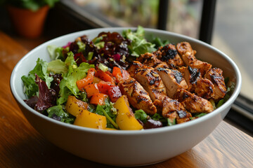 A beautifully arranged bowl of mixed greens salad with grilled chicken, bell peppers, and a light vinaigrette dressing, in daylight.