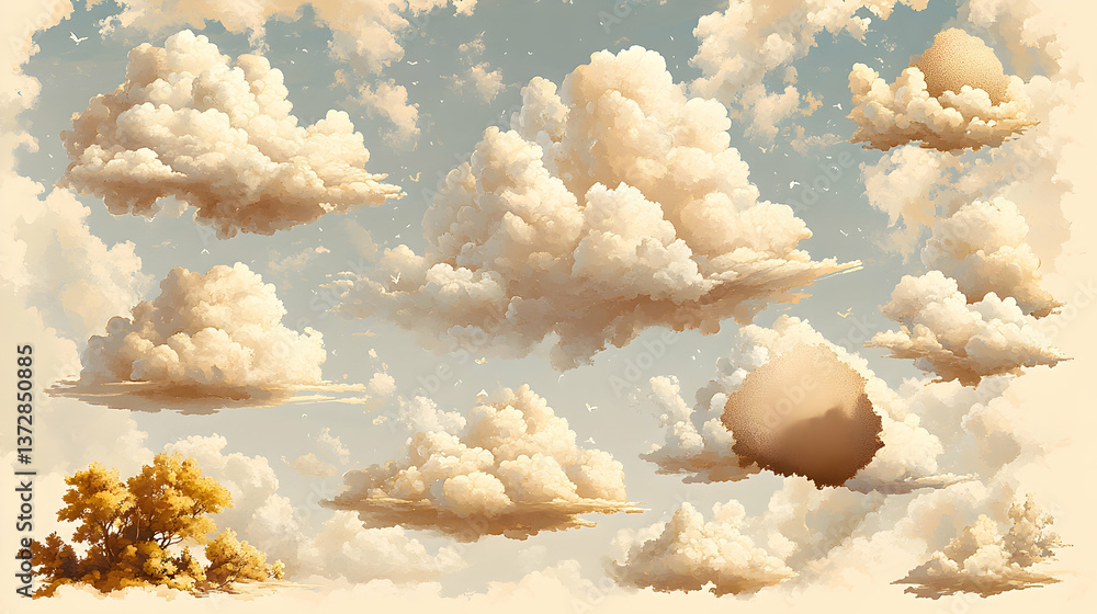 Poster fluffy clouds drift across a serene sky dotted with a tree on the corner soft pale colors create a c