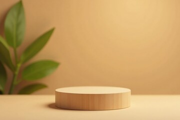 A Simple Wooden Display Platform with Verdant Foliage in Soft, Earthy Tones