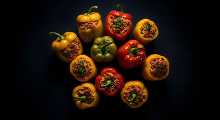 Fototapeta premium Colorful Stuffed Bell Peppers on Dark Surface in Culinary Arrangement