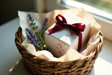 A delicately wrapped gift, adorned with a rich burgundy ribbon, rests gently within a woven basket, accompanied by a sprig of fragrant lavender.