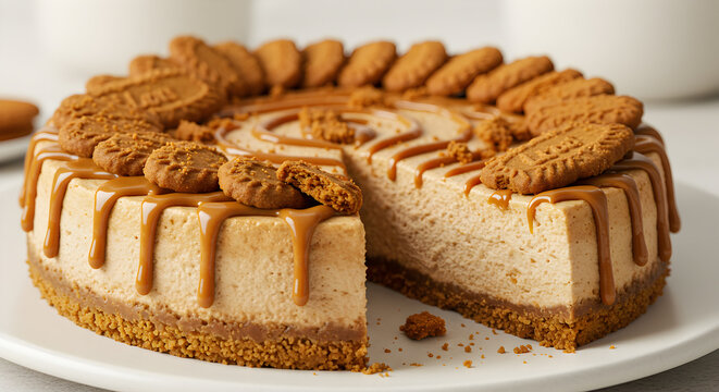 Decadent biscoff cheesecake adorned with cookies and luscious caramel drizzle