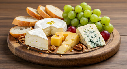 Exquisite cheese assortment featuring grapes, bread, and nuts served on wooden plate