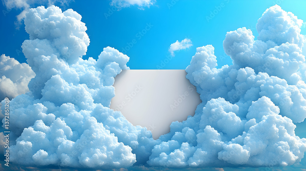 Poster fluffy clouds surround a white wall open space for text bright blue skies frame the clouds creating 