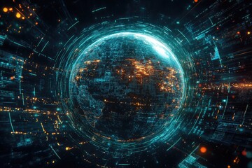 Obraz premium A futuristic Earth surrounded by a halo of interconnected data streams, illustrating the global reach of telecommunication technology and internet transfer