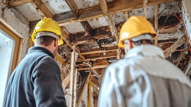 Inspection of Damaged Ceiling: Two professionals, donned in protective hard hats, meticulously assess the structural integrity of a damaged ceiling.