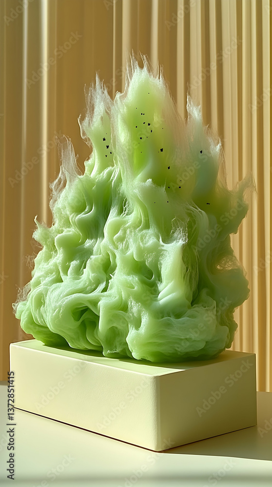 Poster fluffy light green substance with dark specks sits on a light yellow block with a textured surface s