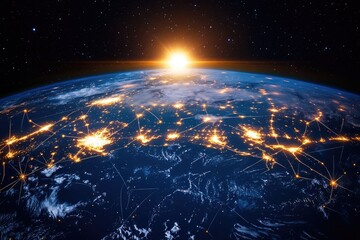 An illuminated Earth with intricate, glowing connection lines stretching across oceans and land, representing global communication and data transfer networks