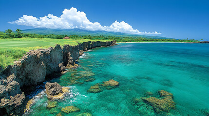 Scenic coastal view with cliffs lush greenery turquoise water coral reefs a sandy beach and mountains beneath a cle