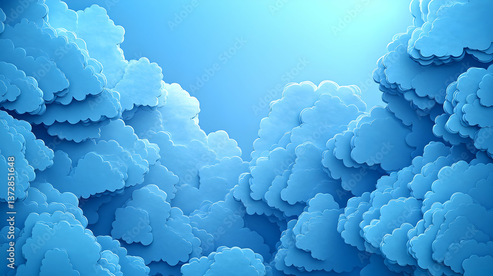 Poster fluffy stylized blue clouds fill the view against a clear sky with a soft light soft edges and simpl
