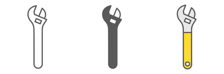 Adjustable wrench icon collection, tool and repair, wrench vector icon set, vector graphics, editable stroke outline sign, eps 10