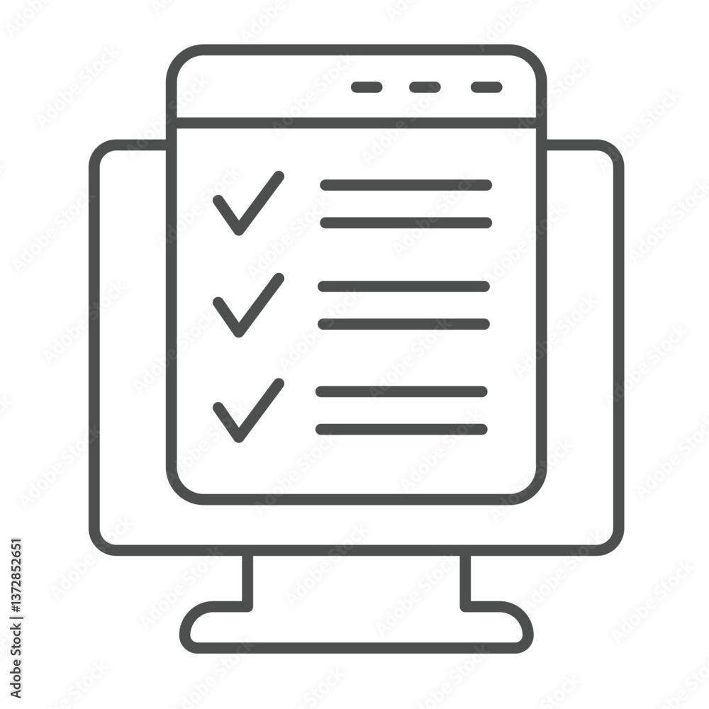 Poster monitor screen with checklist window thin line icon, remote work concept. vector graphics. display a