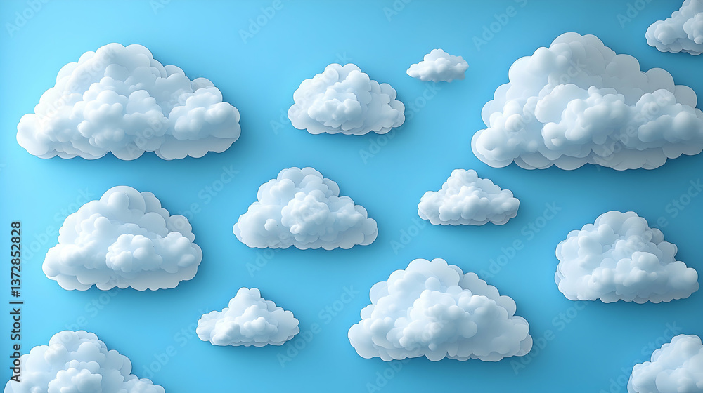 Poster fluffy white clouds float against a serene light blue background soft rounded shapes create peaceful