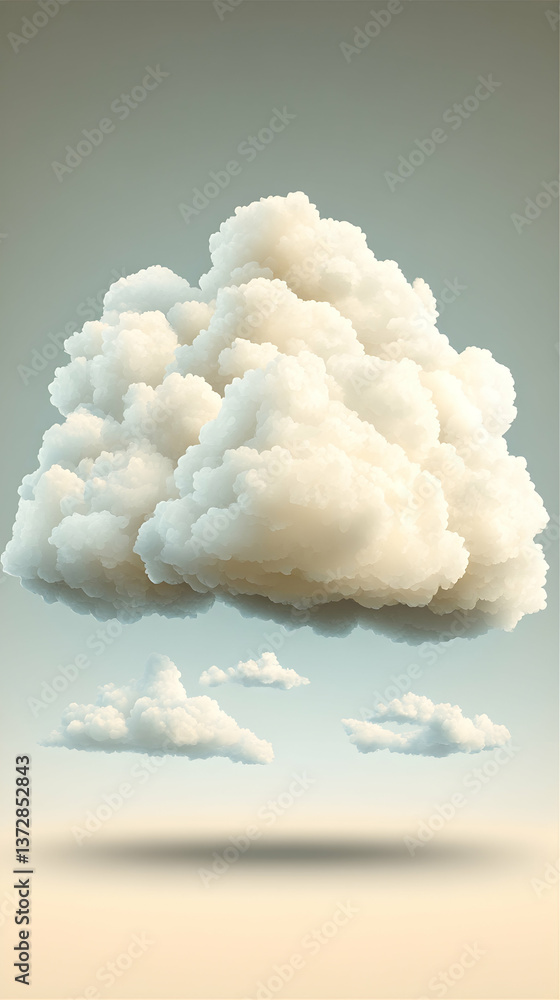 Poster fluffy white clouds float in the sky a large textured cloud hovers with smaller clouds light beige g