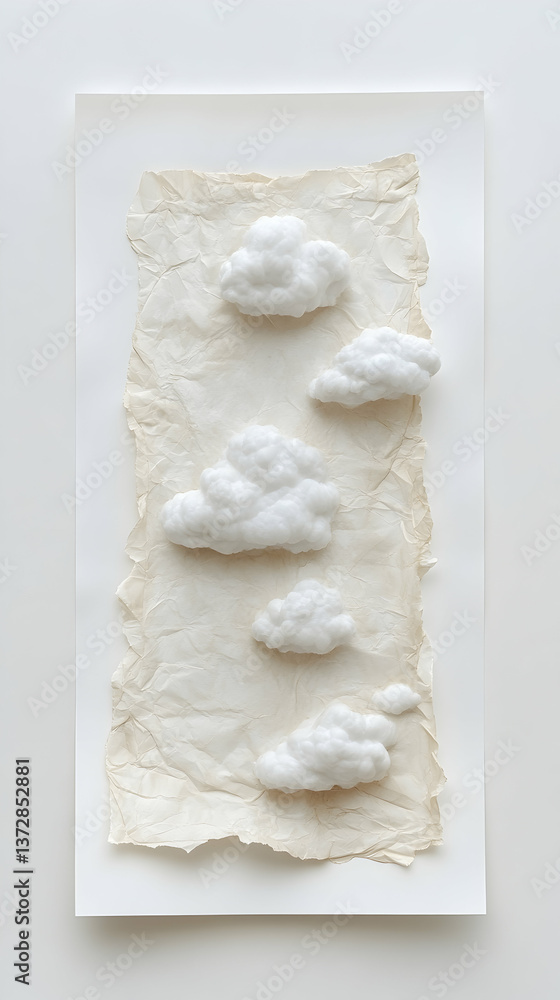 Aufkleber fluffy white clouds float on crumpled parchment paper layered on stark white for textural depth and 