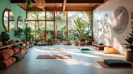 Fototapeta premium Serene Yoga Studio with Natural Light and Lush Greenery
