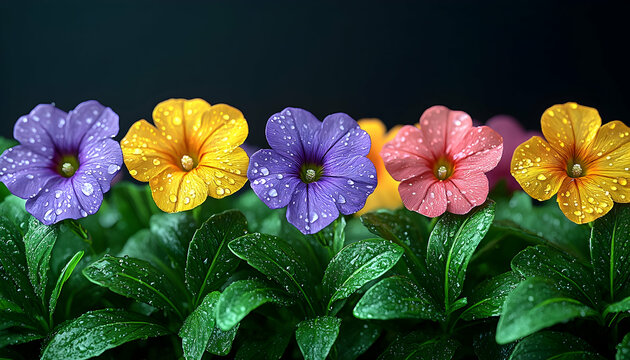 Colorful Spring Flowers in a Row with Dew Drops on Green Leaves Against Dark Background in Floral Still Life