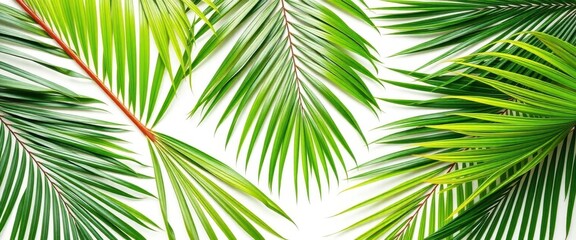 Fototapeta premium Several vibrant green palm leaves isolated on pure white background, simple, studio shot, organic