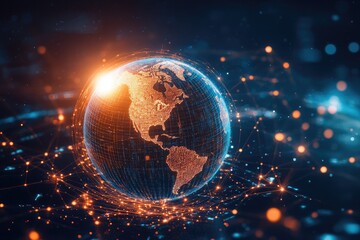 Fototapeta premium A glowing Earth surrounded by a complex web of digital communication lines, representing the global internet network and real-time data transfer across the world