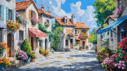 Obraz premium Painting of a quaint european street with colorful buildings and
