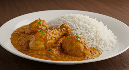 Delicious chicken curry with basmati rice, traditional indian cuisine close up