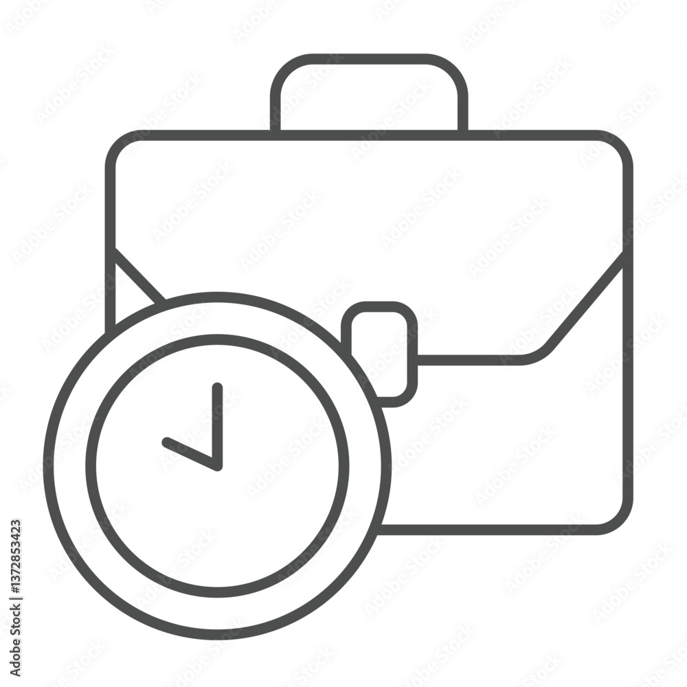 Poster briefcase with clock thin line icon, remote work concept. vector graphics. portfolio bag and task sc