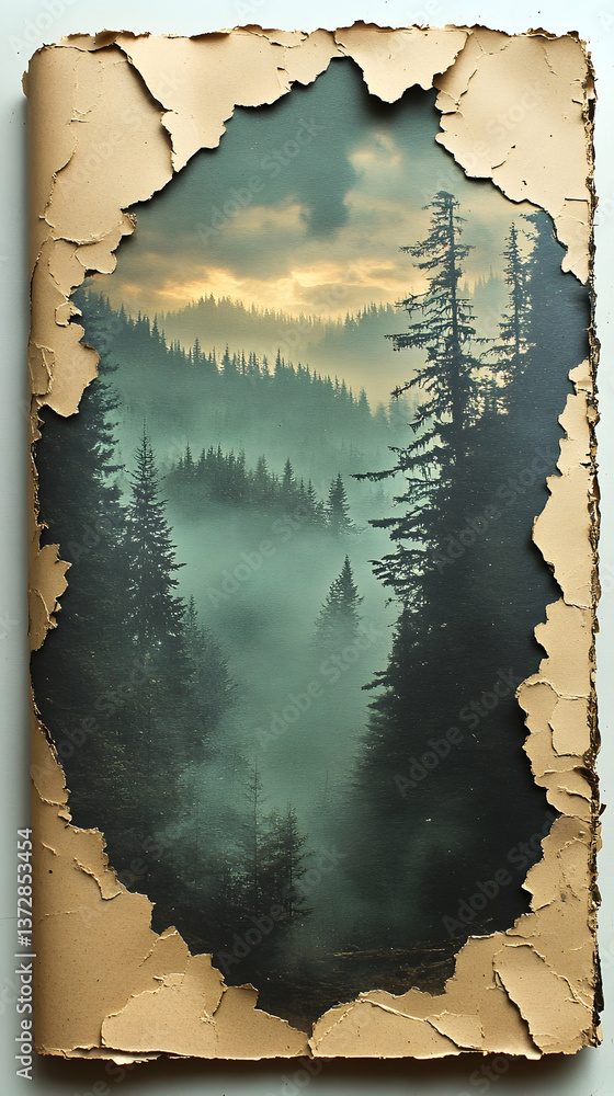 Poster foggy atmospheric forest scene through a frame of torn paper dark trees silhouetted against hazy lay
