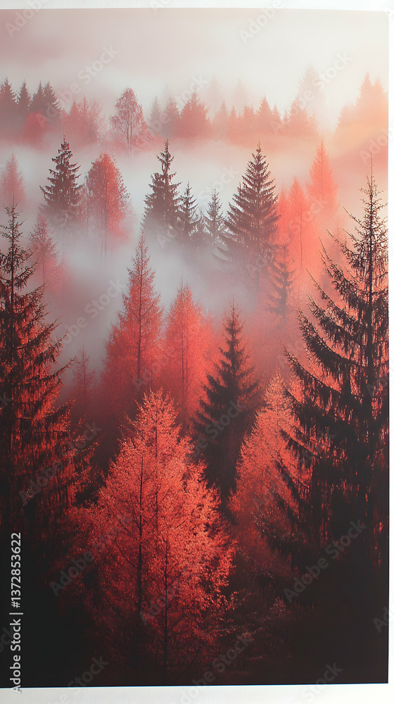Aufkleber foggy forest scene with orange and red trees creating a vibrant and mysterious atmosphere
