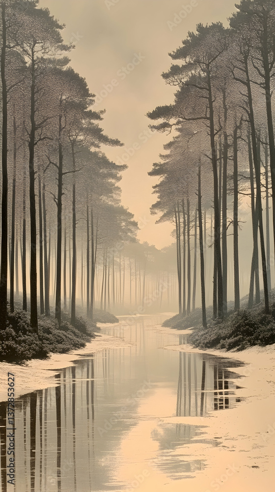 Aufkleber foggy forest scene trees line a calm river creating a serene reflection in the water muted tones evo
