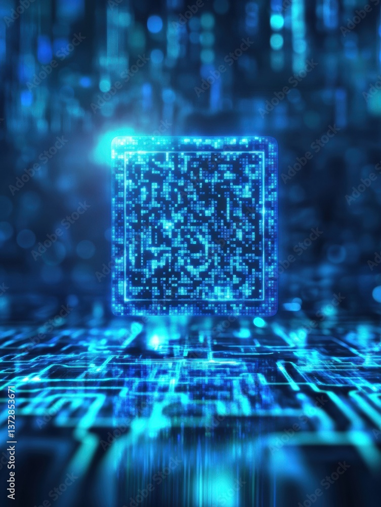 Poster Digital QR code set against a futuristic blue-lit background highlighting financial security concepts with glowing light effects