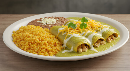 Delicious chicken enchiladas verde served with rice and beans on a white plate