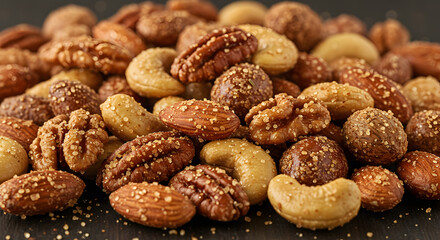 Fototapeta premium Variety of sugar-coated nuts mix for snack, almonds, walnuts, cashew and pecan