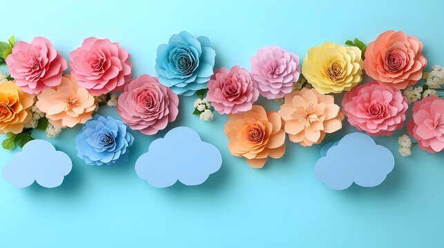 Delicate paper flowers and clouds arranged on a calming blue background for a whimsical eye-catching and dreamy compos