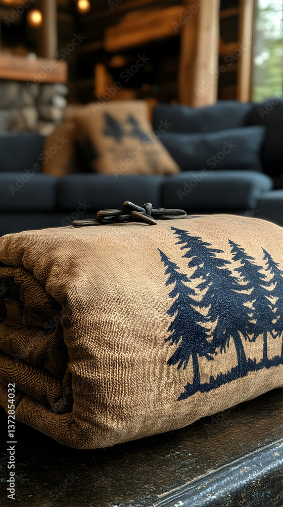 Aufkleber folded tan blanket with tree print rests atop rustic surface with a living room scene in background