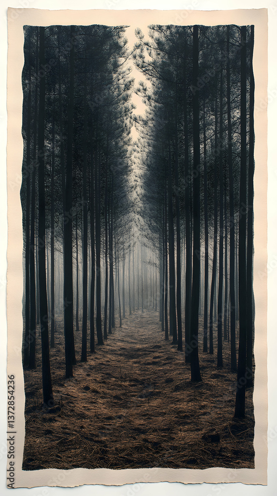 Poster forest artwork trees line a foggy path paper texture surrounds the image dark mood with a light foca