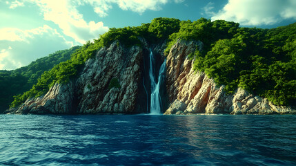 Obraz premium Majestic waterfall flows from a lush cliff into the ocean under a bright sky creating a picturesque and serene natural