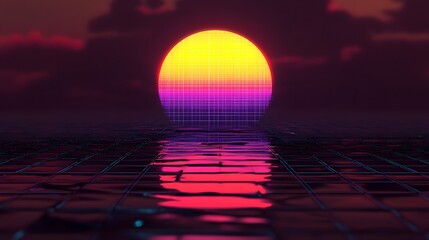 A bright colorful sun setting over a waterlike patterned surface