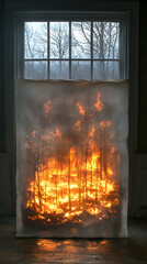 Fototapeta premium Forest fire image projected onto canvas in front of a window bare winter trees visible beyond Dramatic lighting and ee